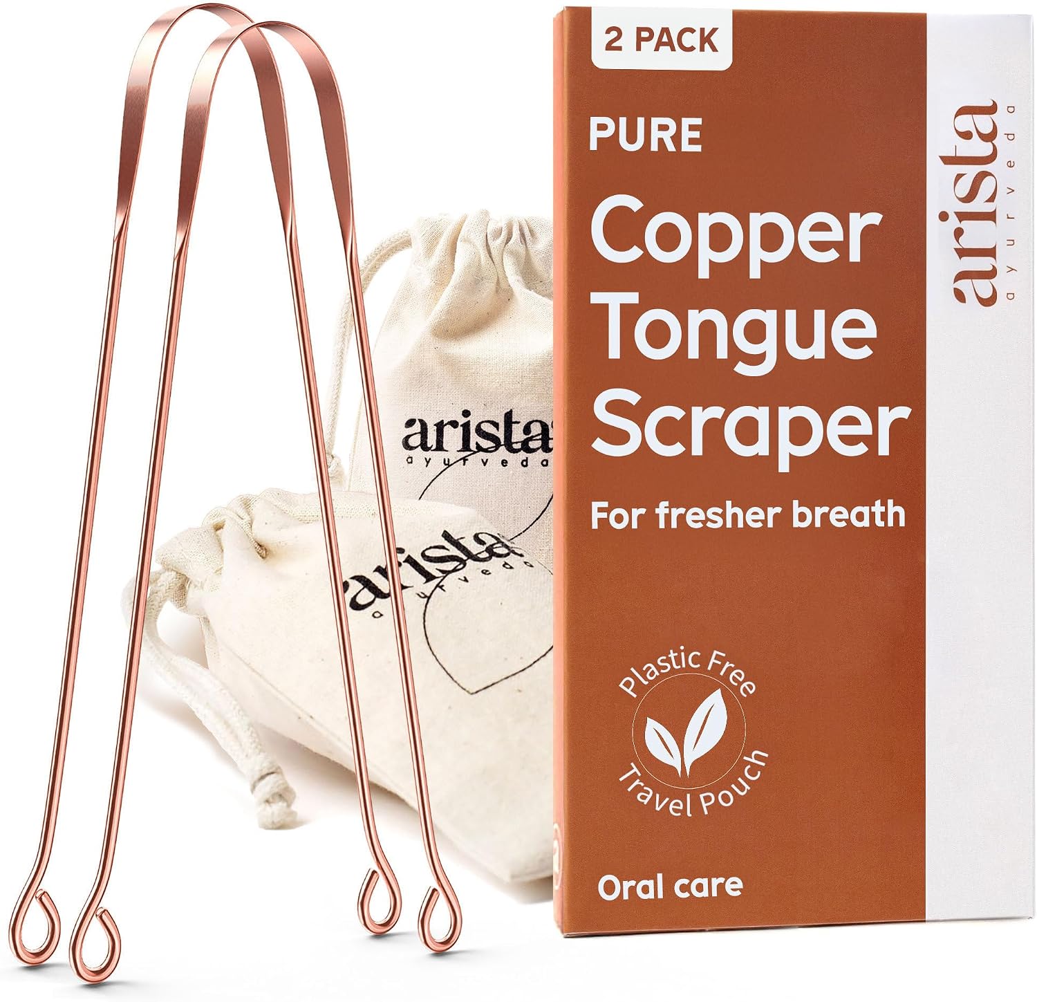 Two Arista copper tongue scrapers beside cotton drawstring pouches and the 2 pack retail box reading Pure Copper Tongue Scraper, for fresher breath