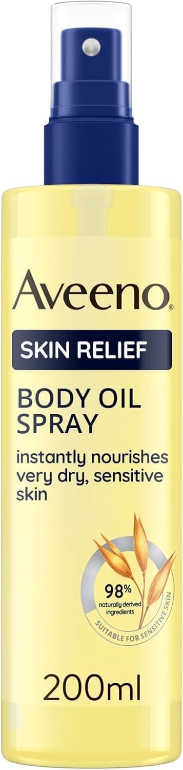 Aveeno Skin Relief Body Oil Spray 200ml bottle with oat oil and jojoba oil