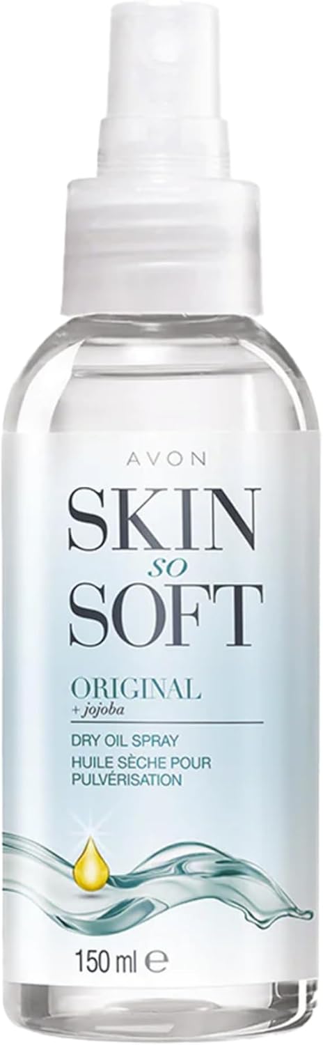 Avon Skin So Soft Dry Oil Spray 150ml bottle with clear body oil