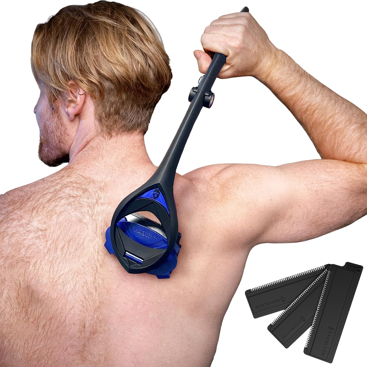 BakBlade 3.0 Stealth back shaver for men held over the shoulder with three spare DryGlide blade cartridges beside it