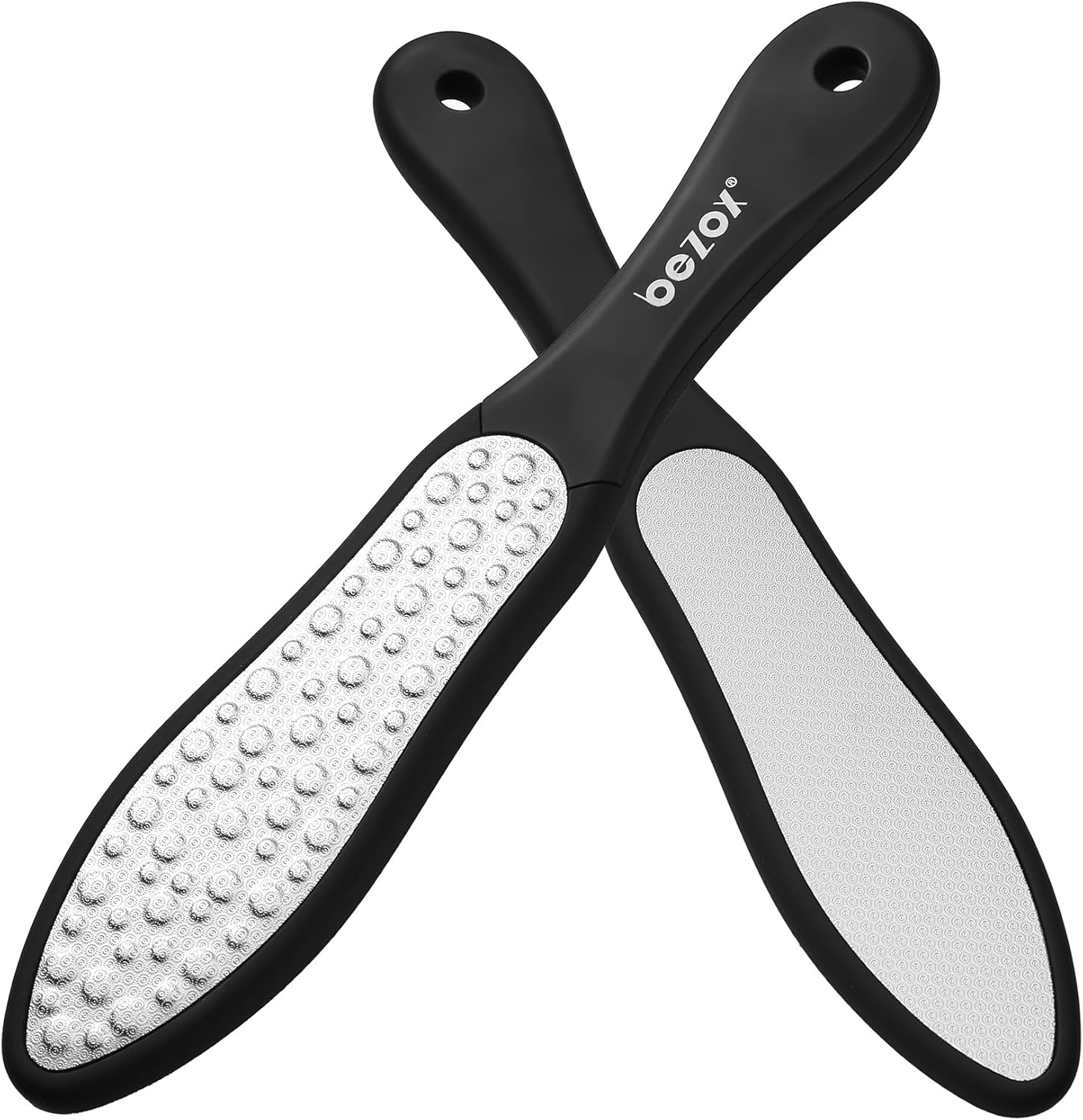BEZOX Premium Foot File shown from both sides, the coarse bumped steel face crossed over the fine textured face, both set into black soft-touch handles