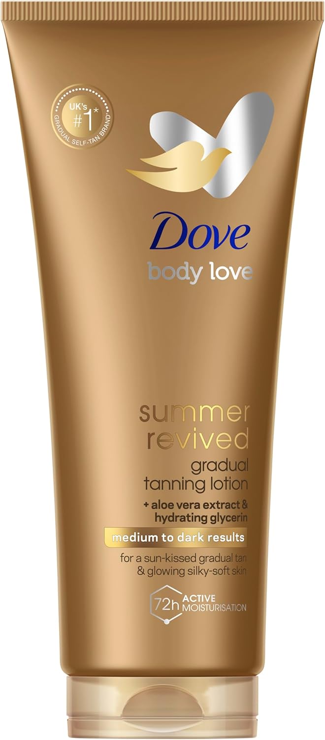Dove Summer Revived Medium to Dark Gradual Tanning Lotion 200ml bottle with gold packaging