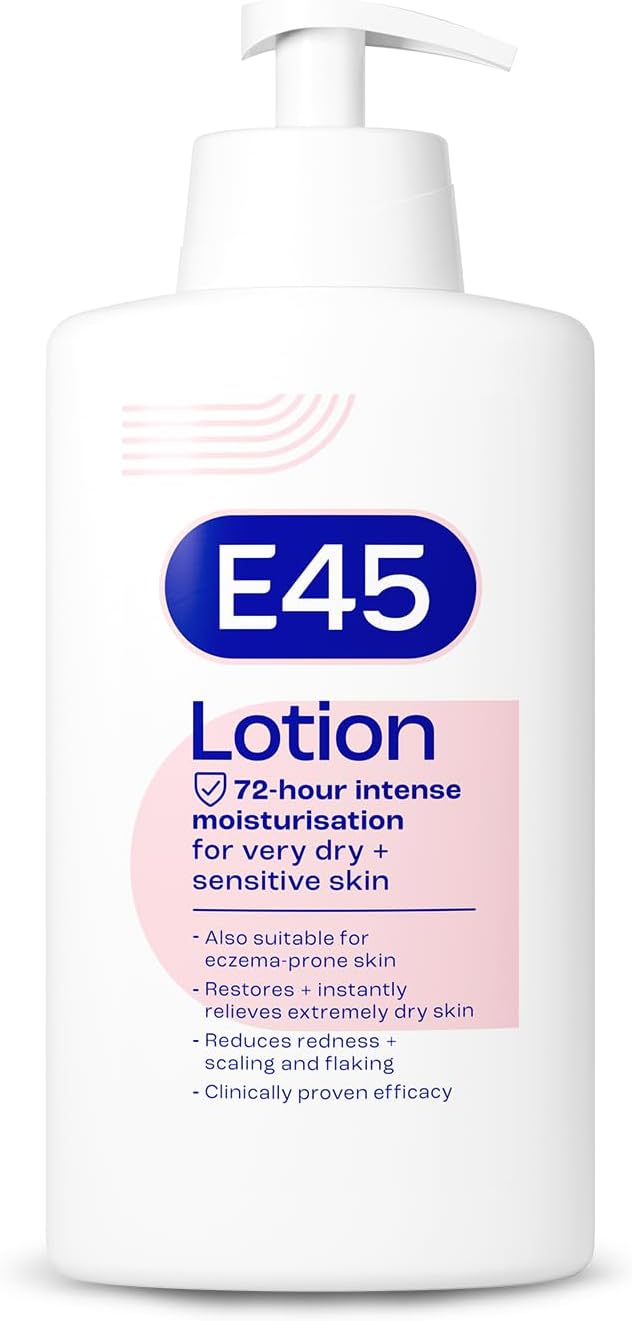E45 Moisturising Lotion 500ml pump bottle front view on neutral background
