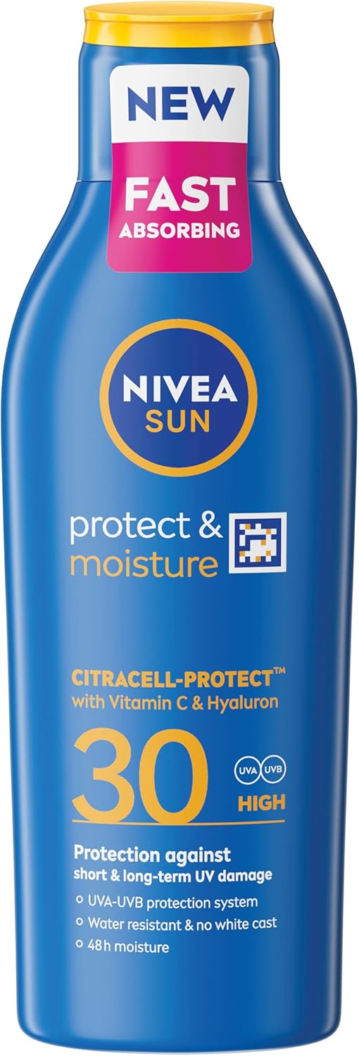NIVEA SUN Protect & Moisture SPF 30 200ml bottle front shot on white background