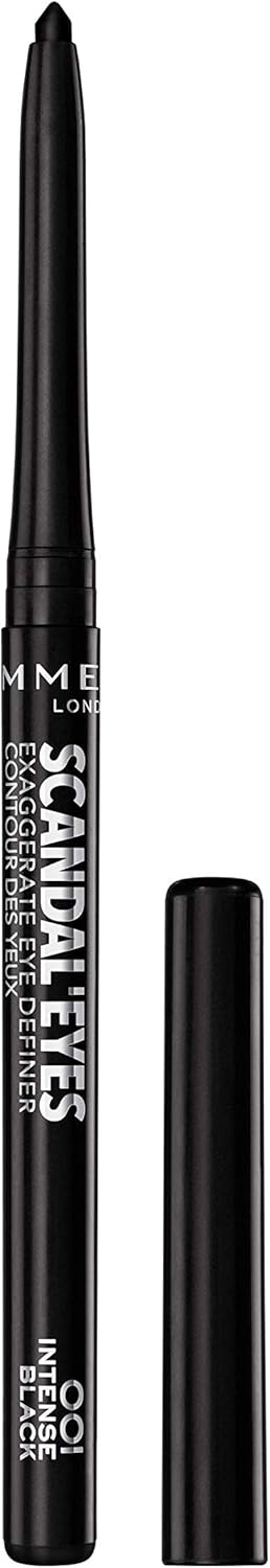 Rimmel London Scandaleyes Exaggerate Eye Definer 001 Intense Black pencil with cap off showing the retractable tip