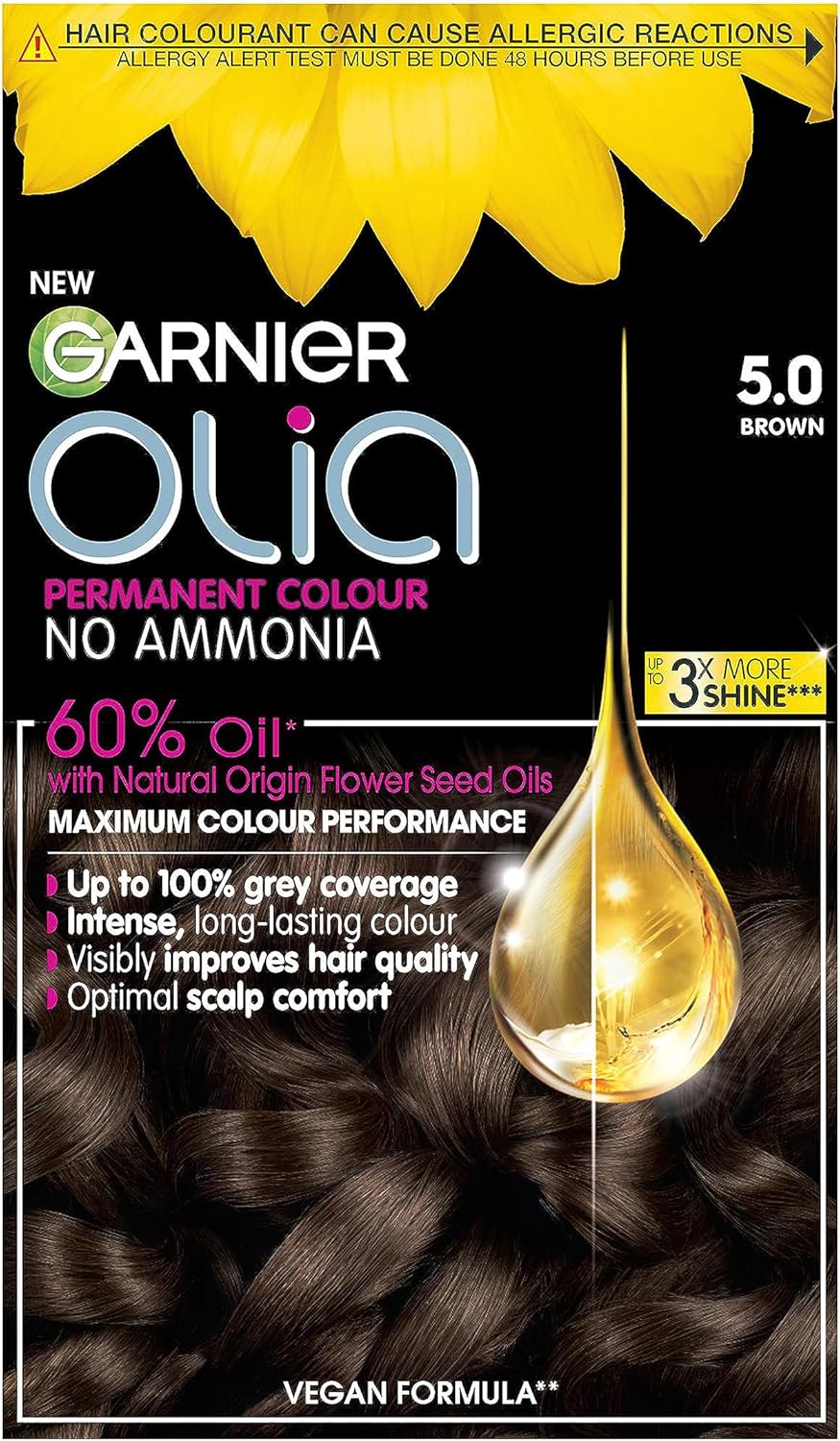 Garnier Olia 5.0 Brown permanent hair dye box, oil-powered ammonia-free formula