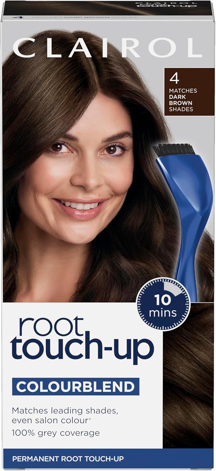 Clairol Root Touch-Up Permanent Hair Dye in Dark Brown 4 box shown with applicator brush and colourant