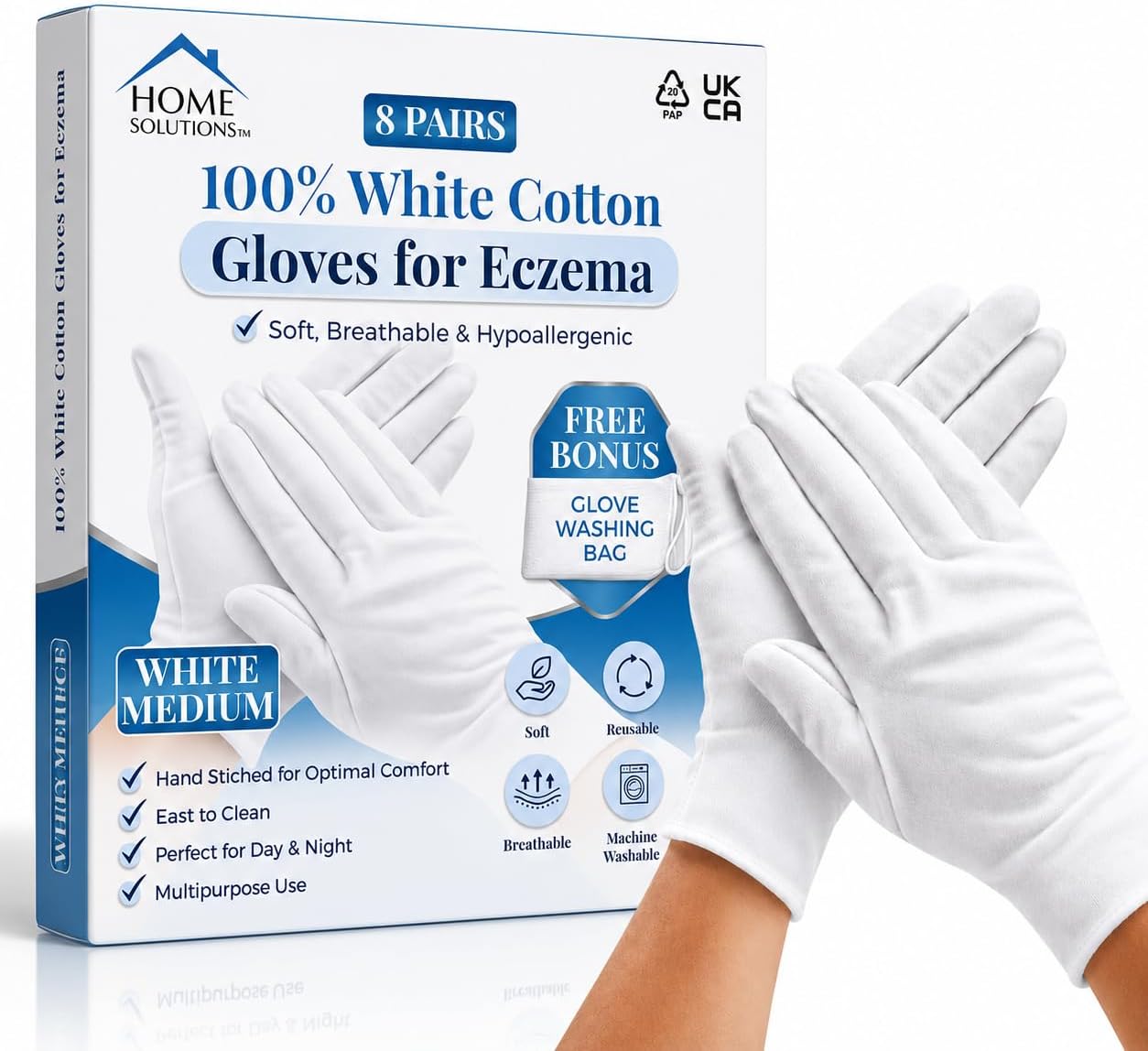 Home Solutions 8-pair pack of white cotton gloves for eczema in its retail box, with a pair of the gloves worn alongside it
