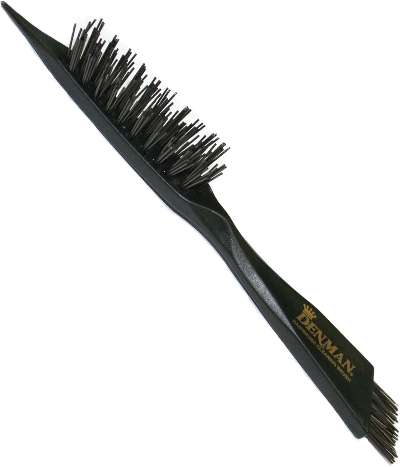 Denman DCB1 hairbrush cleaning brush in black, showing the pointed tip, the row of stiff bristles along the head and the gold Denman branding on the handle