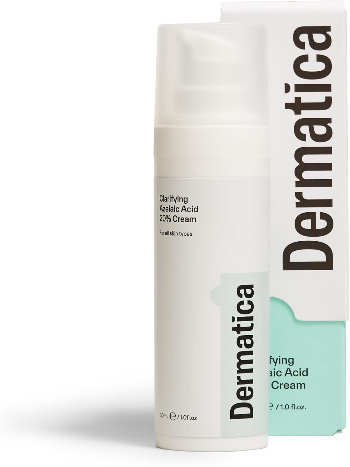 Dermatica Clarifying Azelaic Acid 20% Cream 30 ml white pump bottle standing in front of its white and mint green carton