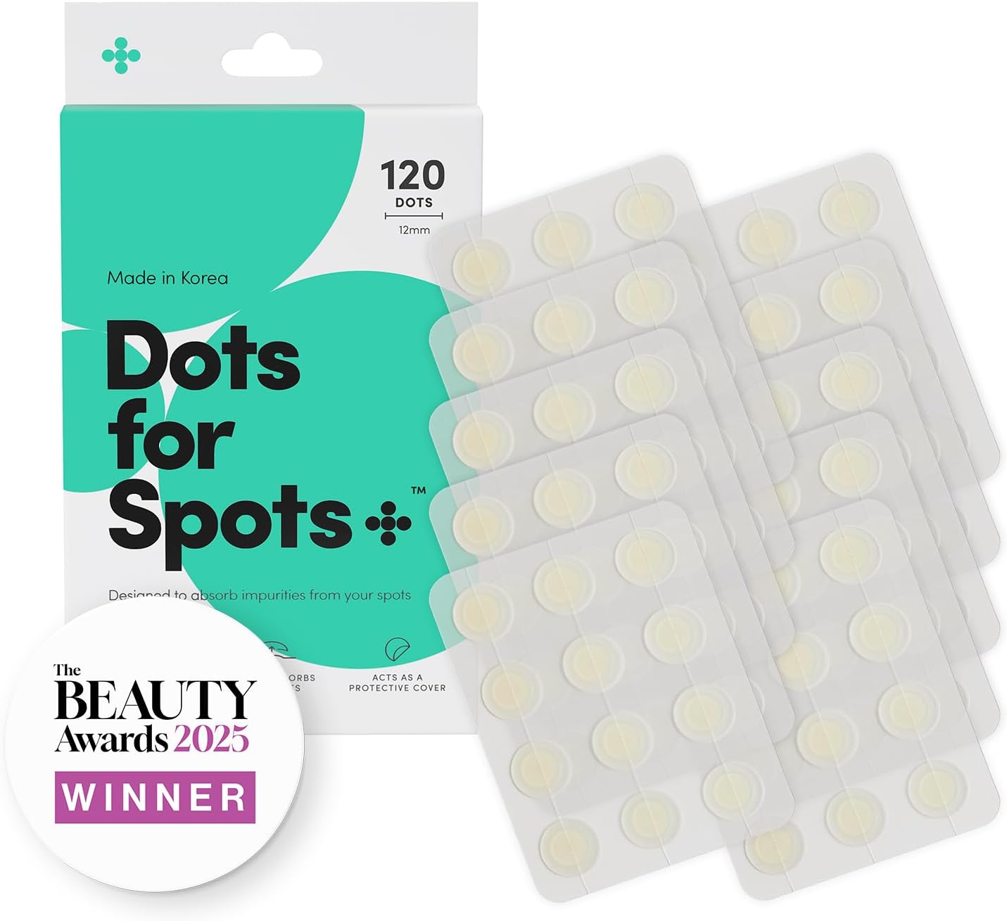 Dots for Spots Patches pack of 120 translucent hydrocolloid spot patch treatment stickers on a clean background