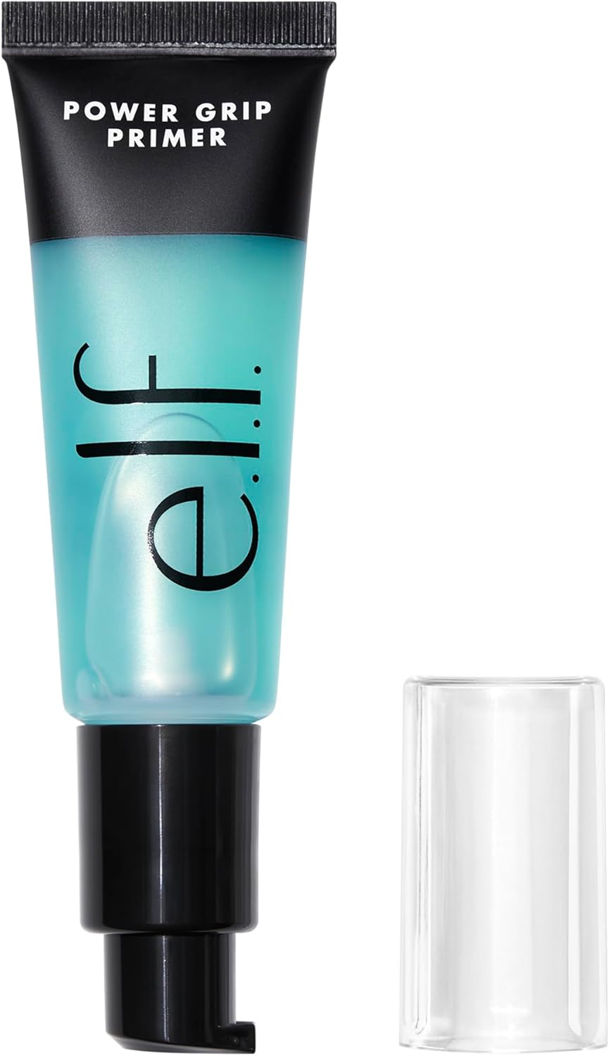 e.l.f. Power Grip Primer clear gel primer in a blue-green tube with black pump dispenser and clear cap