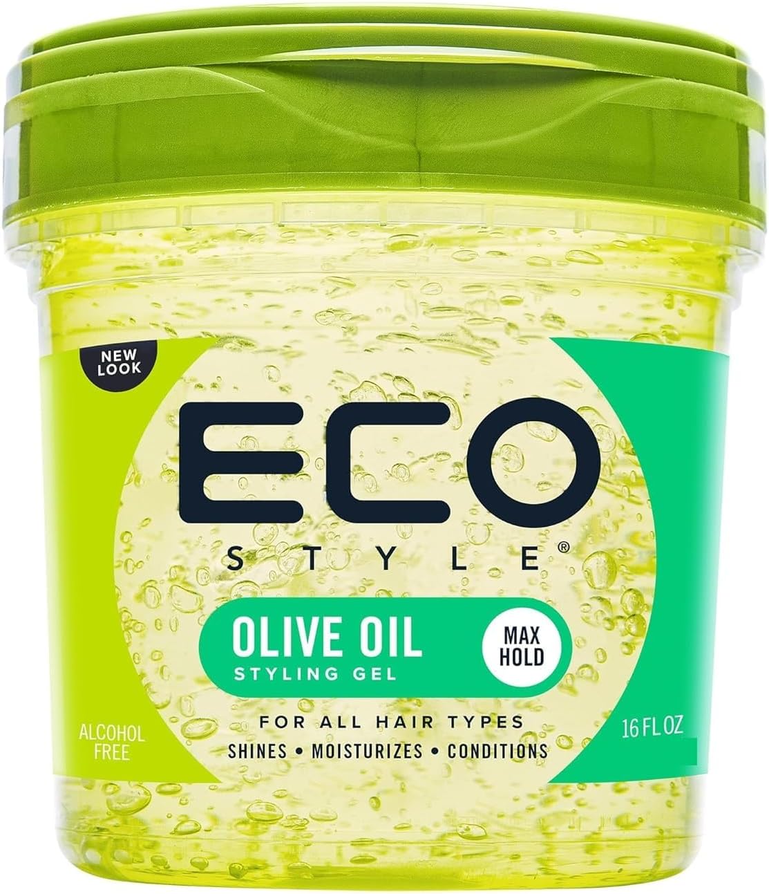 Green tub of Eco Style Olive Oil Eco Styler hair gel, 236 ml