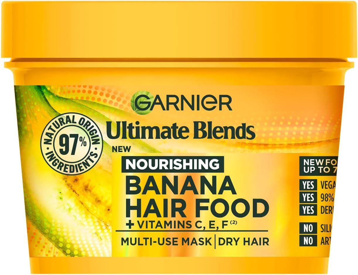 Garnier Ultimate Blends Nourishing Banana Hair Food 400ml multi-use mask tub with 97% natural origin ingredients badge