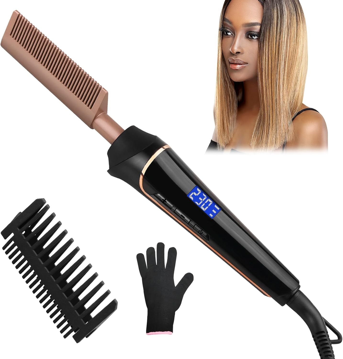 janelove hot comb straightener with rose gold teeth, black handle and LCD reading 230, shown with its black anti-scald comb guard and heat-resistant glove, beside a model with dead straight blonde ombre hair