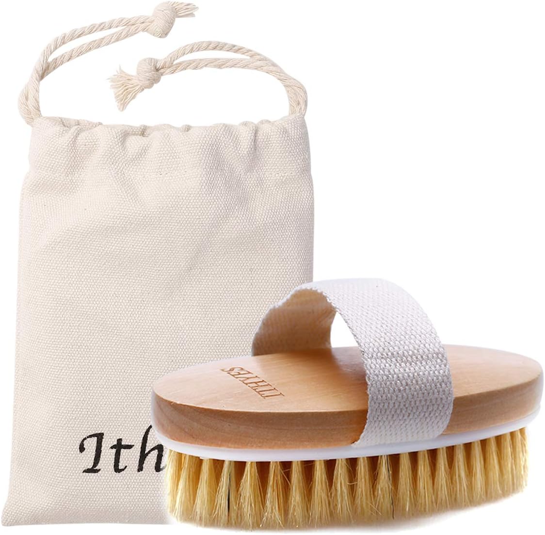 Ithyes dry brushing body brush with pale boar bristles and a canvas hand strap, photographed beside its drawstring canvas storage bag