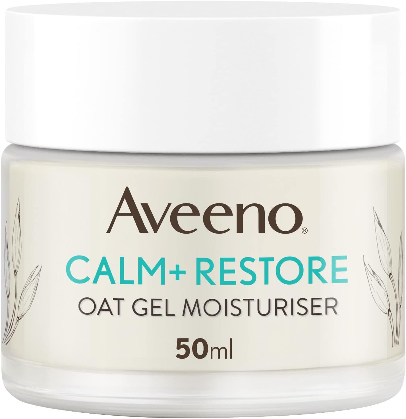 Aveeno Calm+Restore Oat Gel Moisturiser 50ml glass jar on a white background