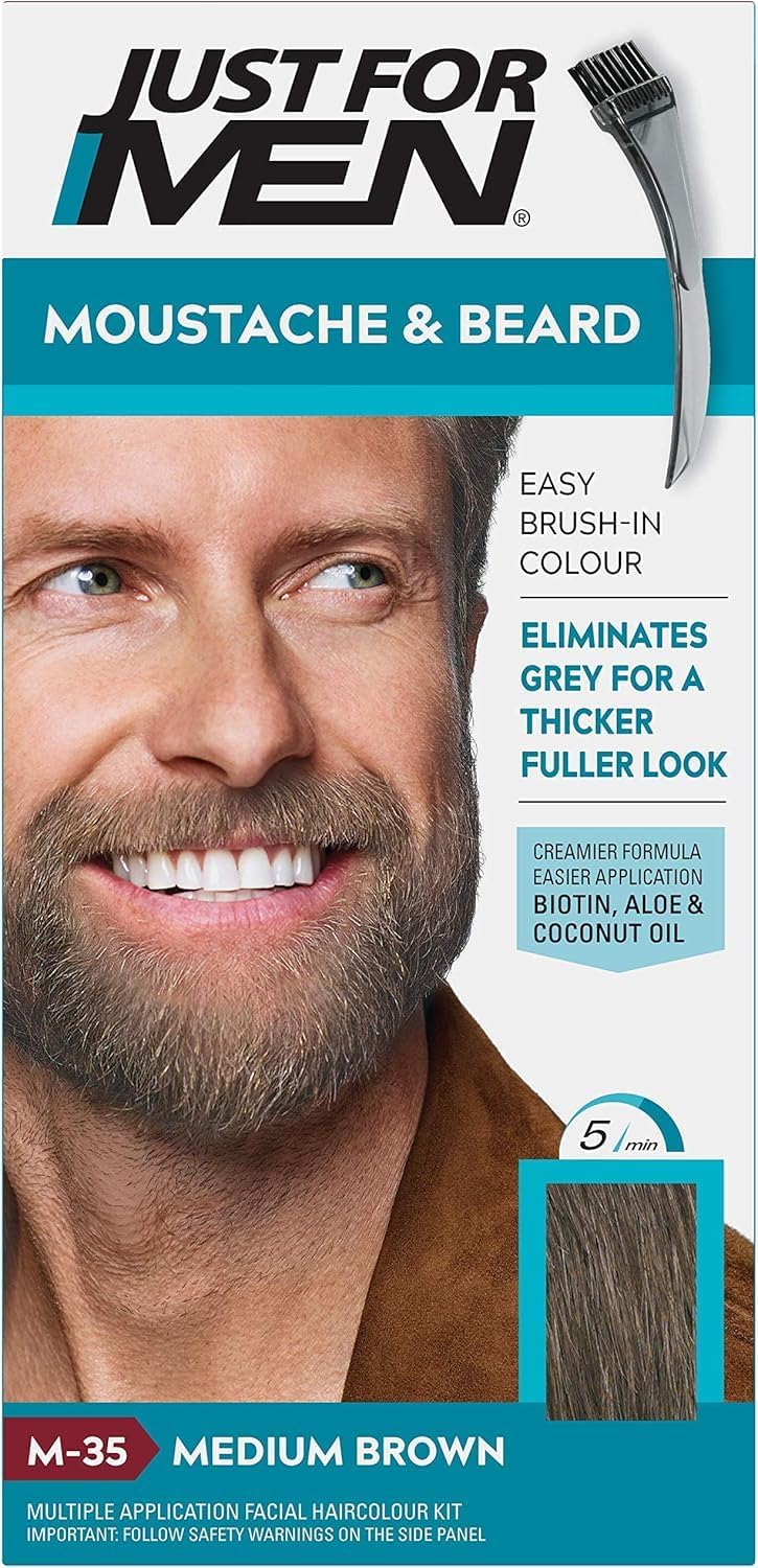 Just For Men Moustache and Beard M35 Medium Brown dye box on a bathroom shelf