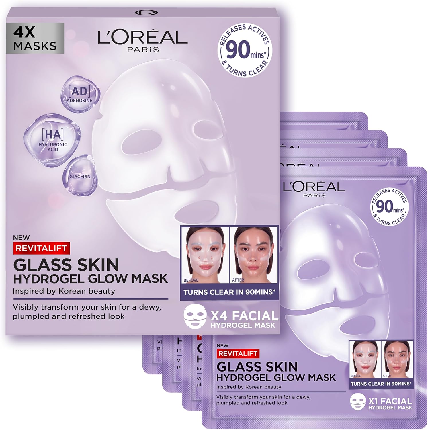L'Oreal Paris Glass Skin Korean hydrogel face mask 4-pack box on a light background