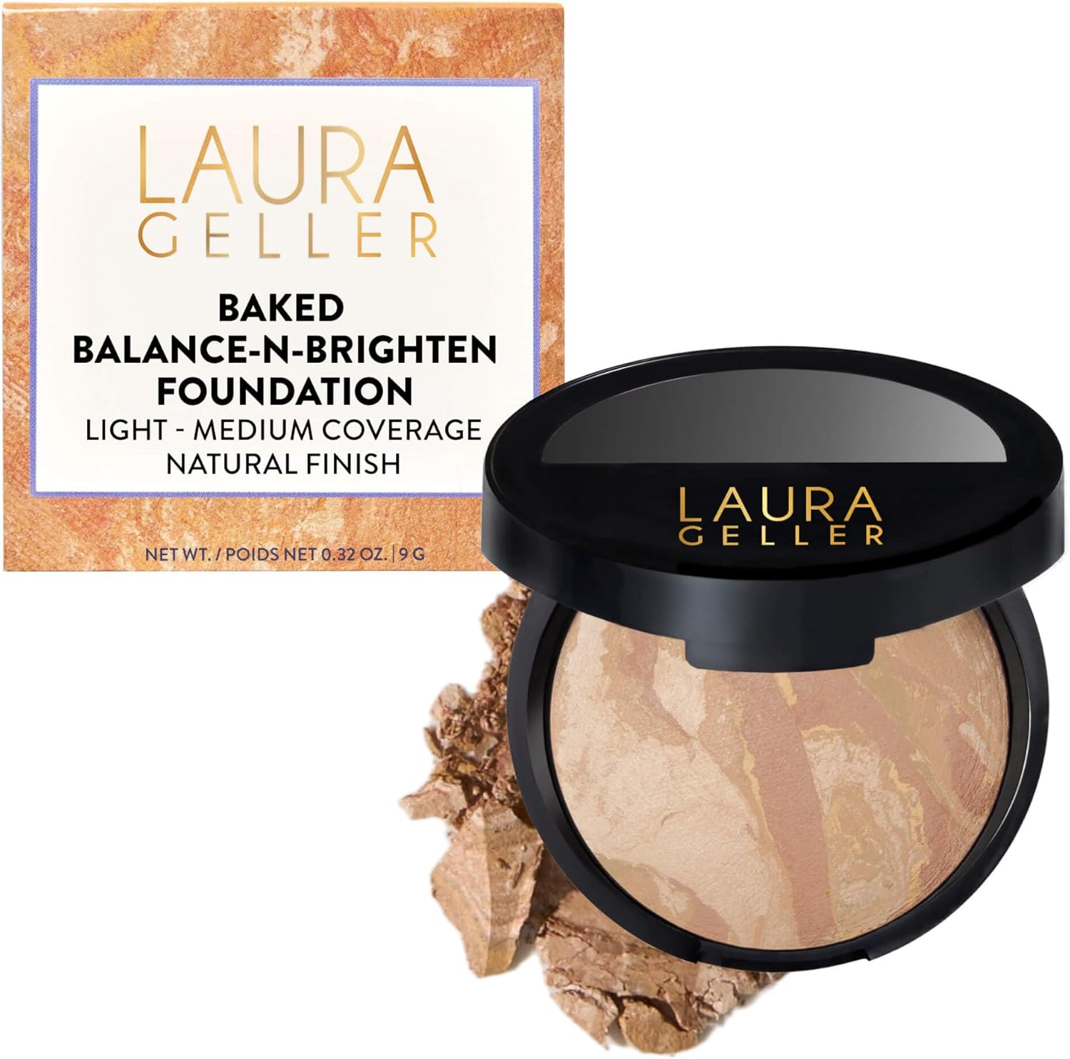 Laura Geller Baked Balance-n-Brighten Colour Correcting Powder Foundation in Light shade, marbled baked powder in compact