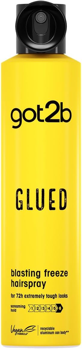 got2b Glued Blasting Freeze Hairspray 300ml yellow can with black nozzle and 72h ultra strong hold branding