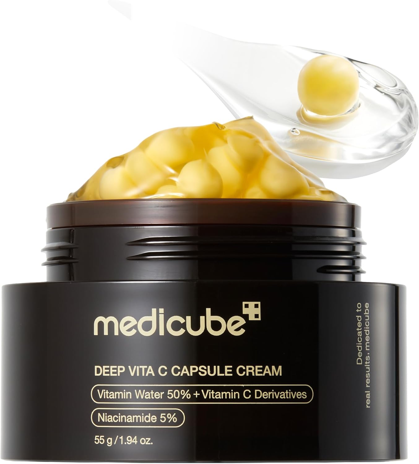 Medicube Deep Vitamin C Golden Capsule Face Moisturiser jar showing transparent gel and golden capsules on a clean white background