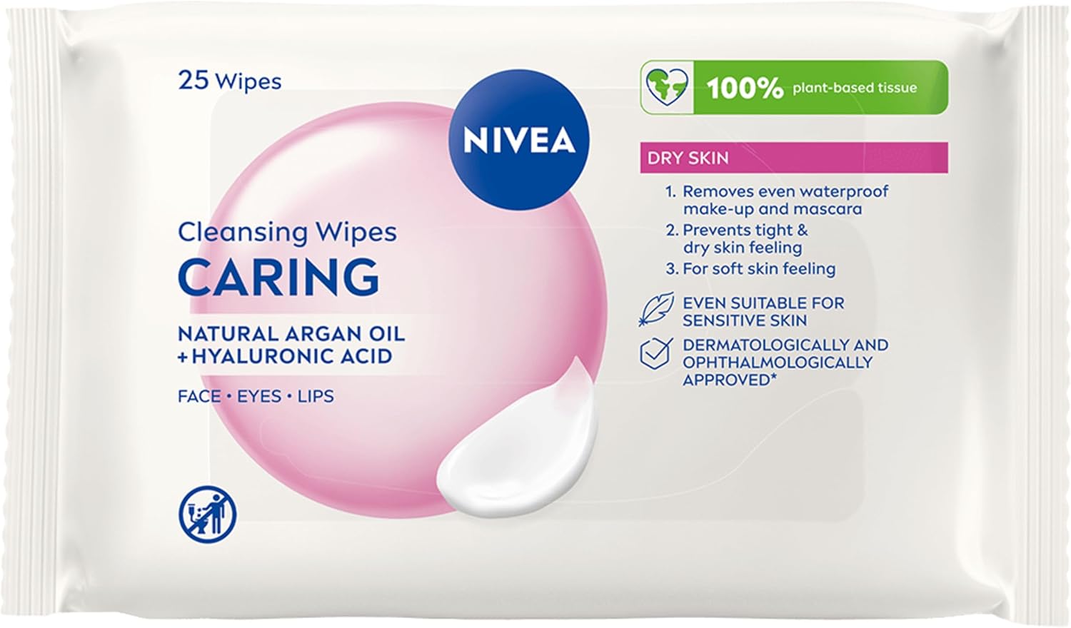 Pack of NIVEA Caring 3-in-1 Cleansing Face Wipes for dry skin, 25 sheets