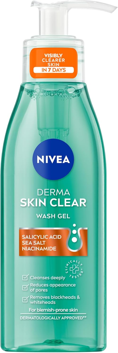 NIVEA Derma Skin Clear Wash Gel 150ml bottle with pump on a white background