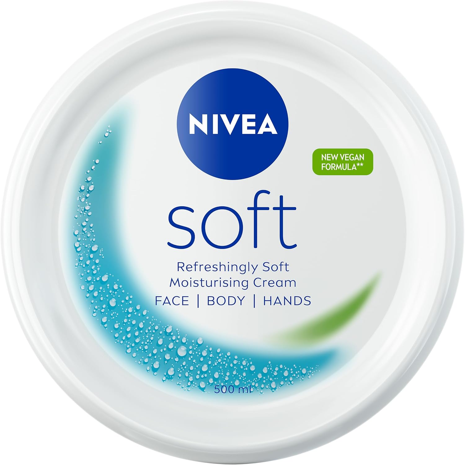NIVEA Soft Moisturising Cream 500ml tub seen from above with the new vegan formula badge on the lid