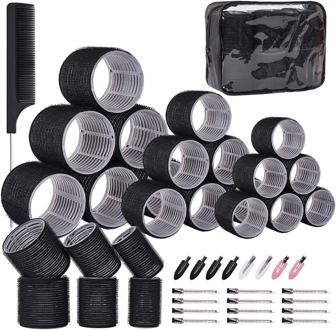 PandyCare 40 piece velcro roller set laid out flat: black self grip rollers in three sizes, steel clips, no bend clips, rat tail comb and a clear zip storage bag