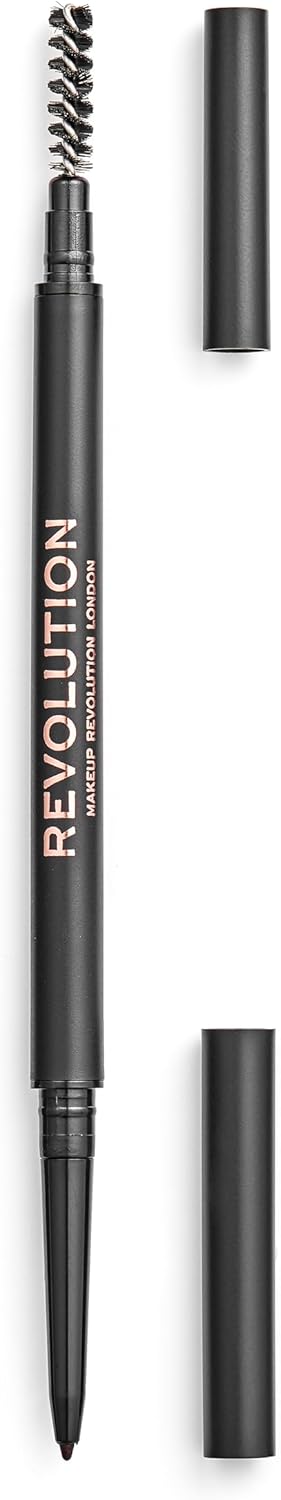 Revolution Precise Brow Pencil double-ended makeup tool uncapped showing spoolie brush and fine retractable tip in dark brown