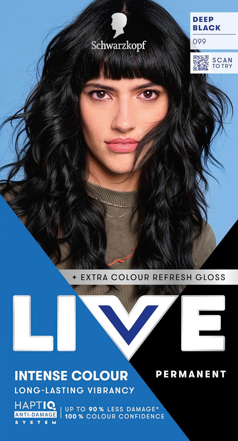 Schwarzkopf LIVE Intense Colour 099 Deep Black box featuring a model with long wavy glossy black hair