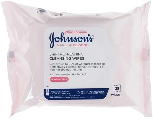 Pack of Johnson's Face Care Make Up Be Gone Refreshing Wipes containing 25 wipes