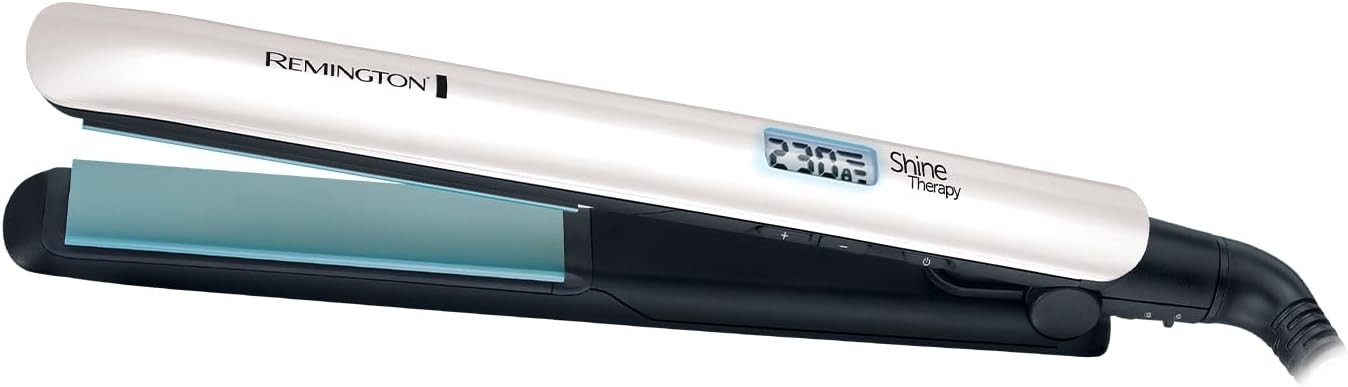 Remington Shine Therapy S8500 hair straightener with white finish and digital temperature display