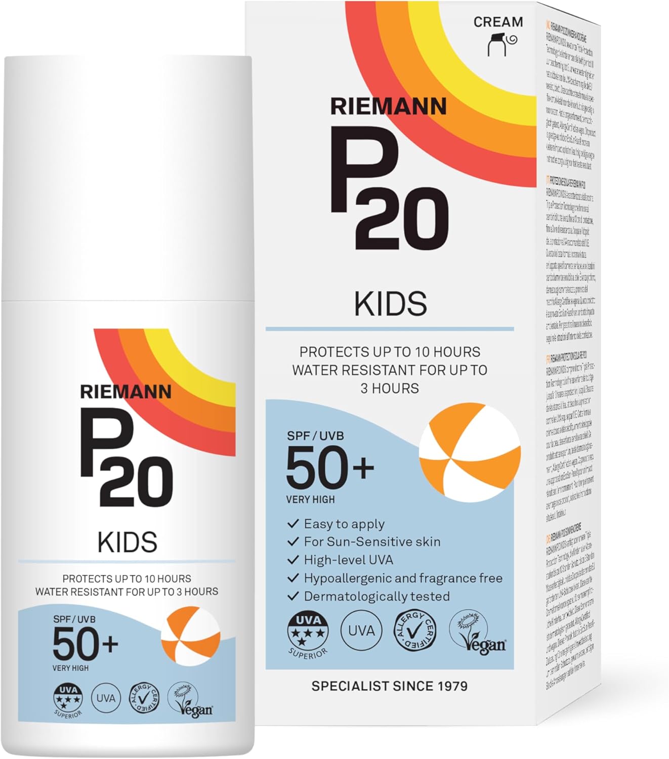 Riemann P20 Kids SPF50+ sun cream 200ml bottle and box showing up to 10 hours protection and 3 hours water resistance