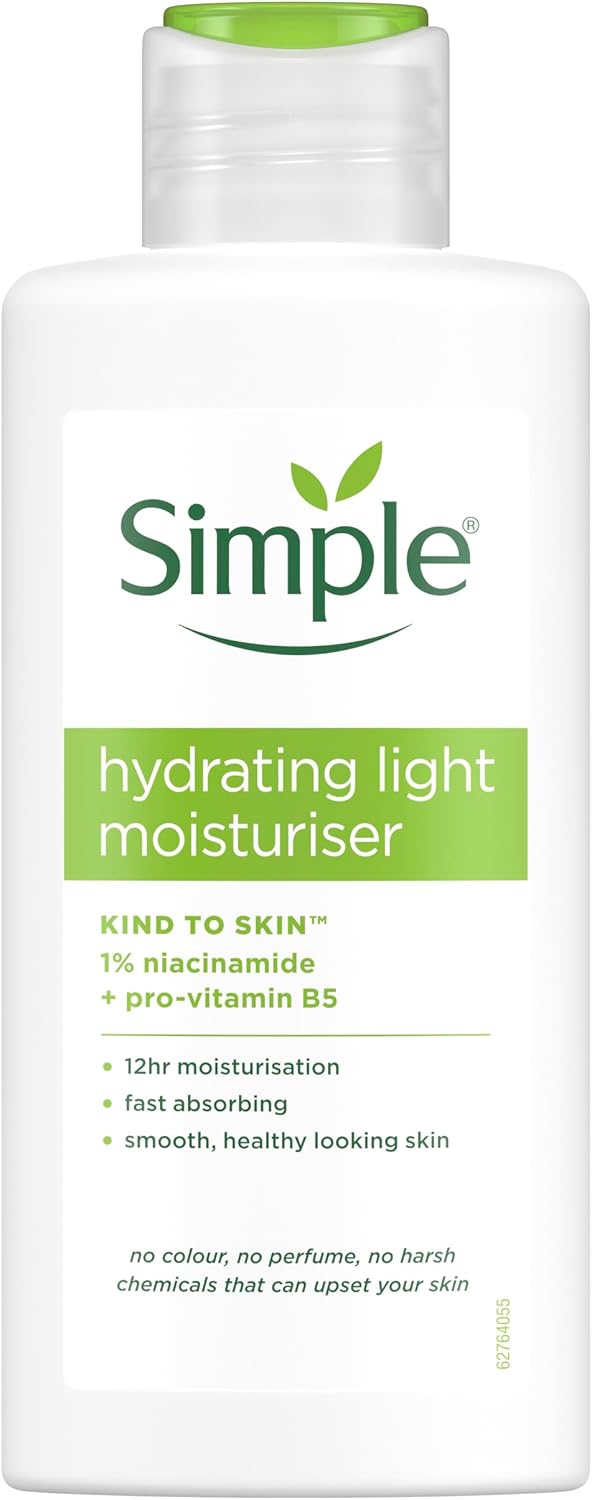 Simple Kind to Skin Hydrating Light Moisturiser 125ml bottle with 1% niacinamide and pro-vitamin B5 for 12-hour moisturisation