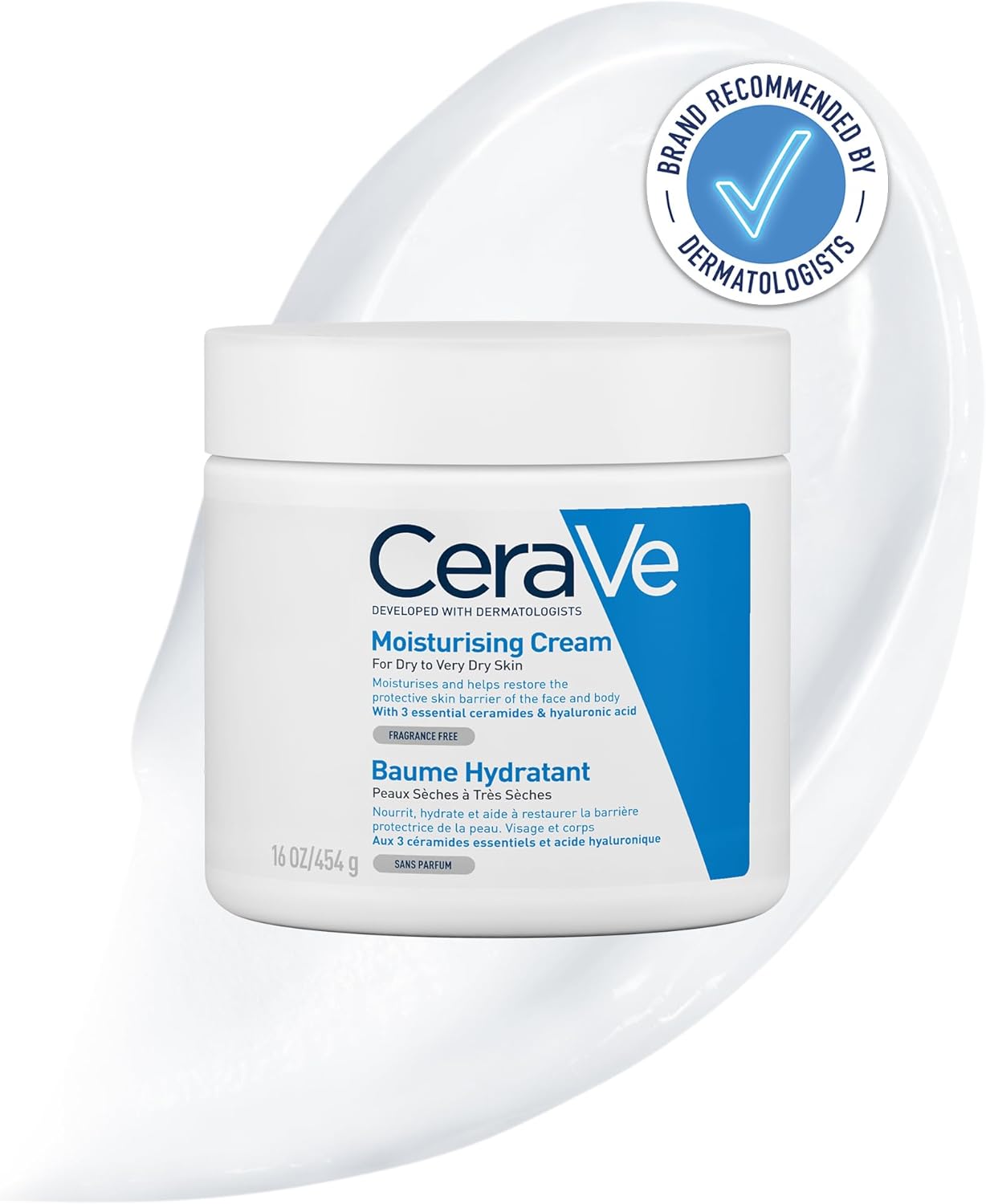 CeraVe Moisturising Cream 454g tub front view with dermatologist-developed badge