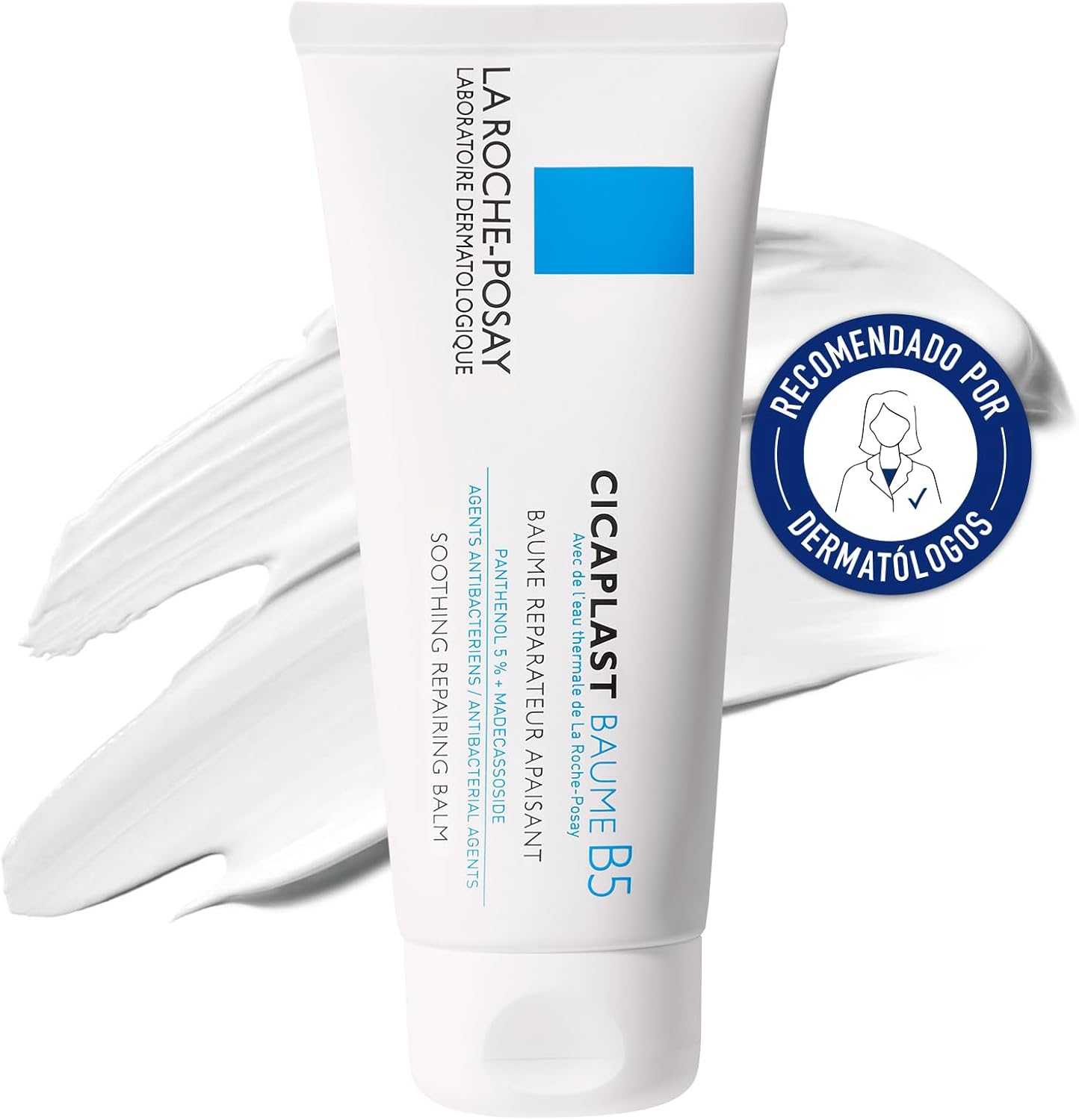 La Roche-Posay Cicaplast Baume B5 tube front view with product texture swatch and dermatologist recommended badge