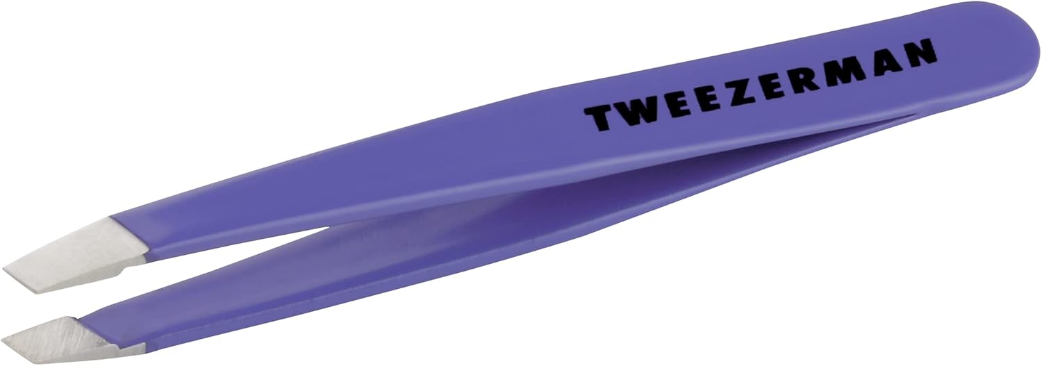 Periwinkle purple Tweezerman Mini Slant tweezer with a slanted stainless steel tip on a white background