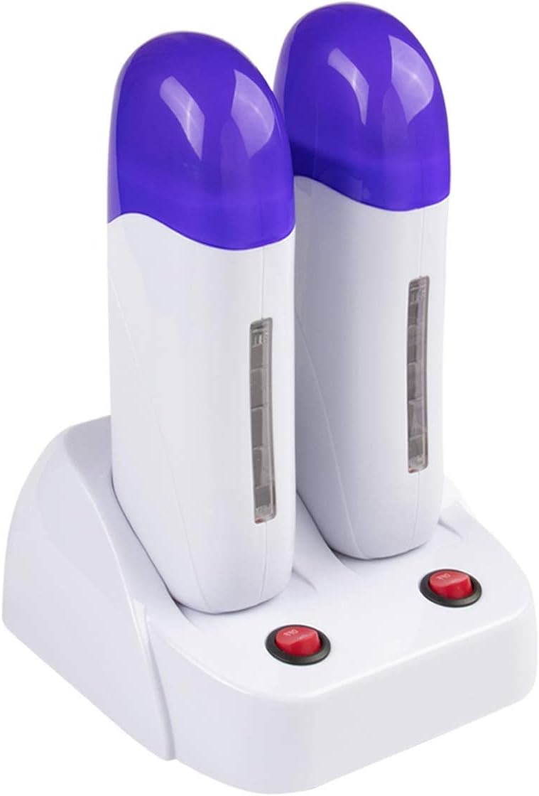 Jiasheng twin roll-on wax heater: two white cartridge heaters with purple caps standing on a white base with two red switches, listing product photo