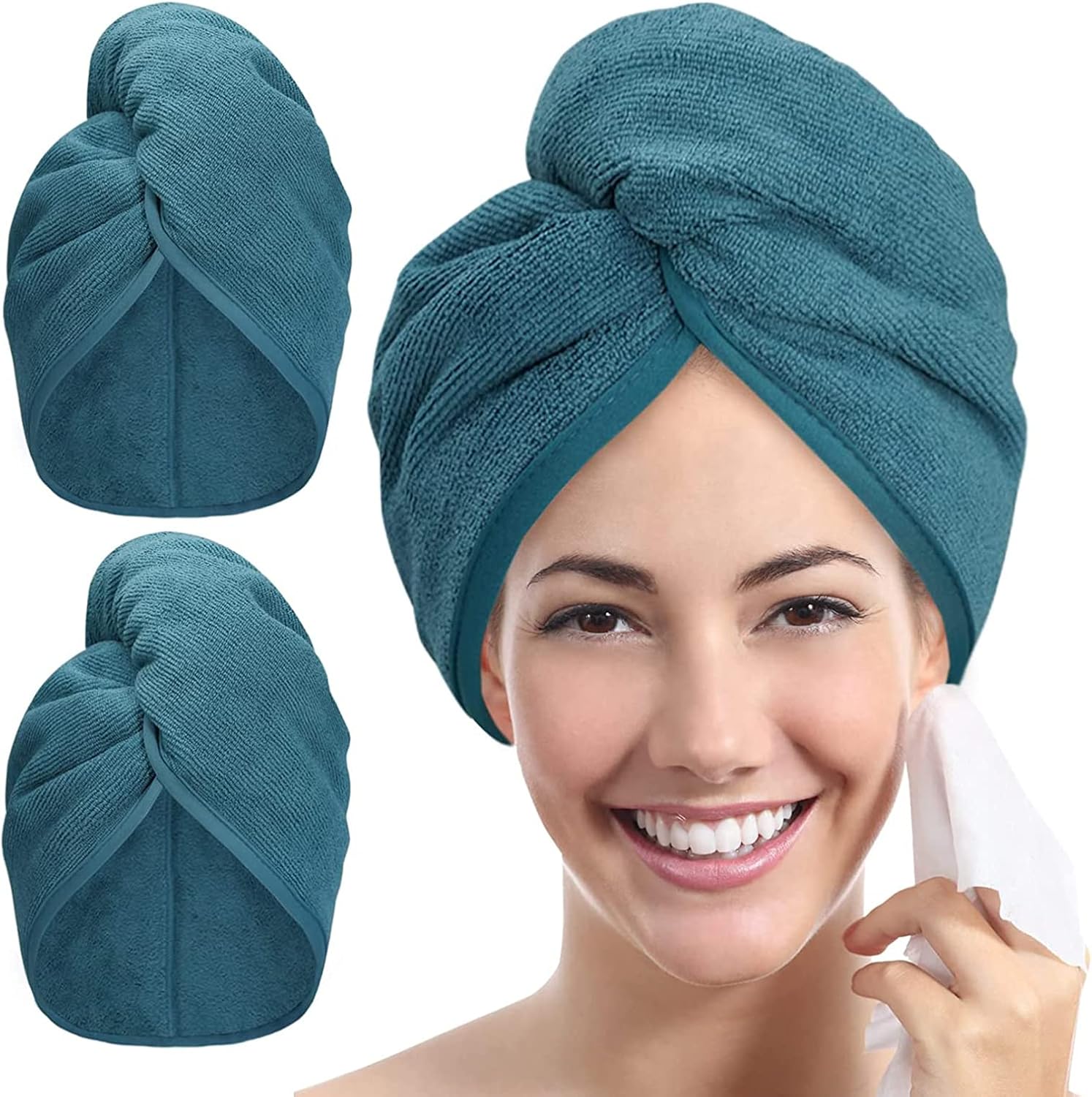 YoulerTex microfibre hair towel wrap in Haze Blue, a 2-pack hair turban for thick, long and curly hair