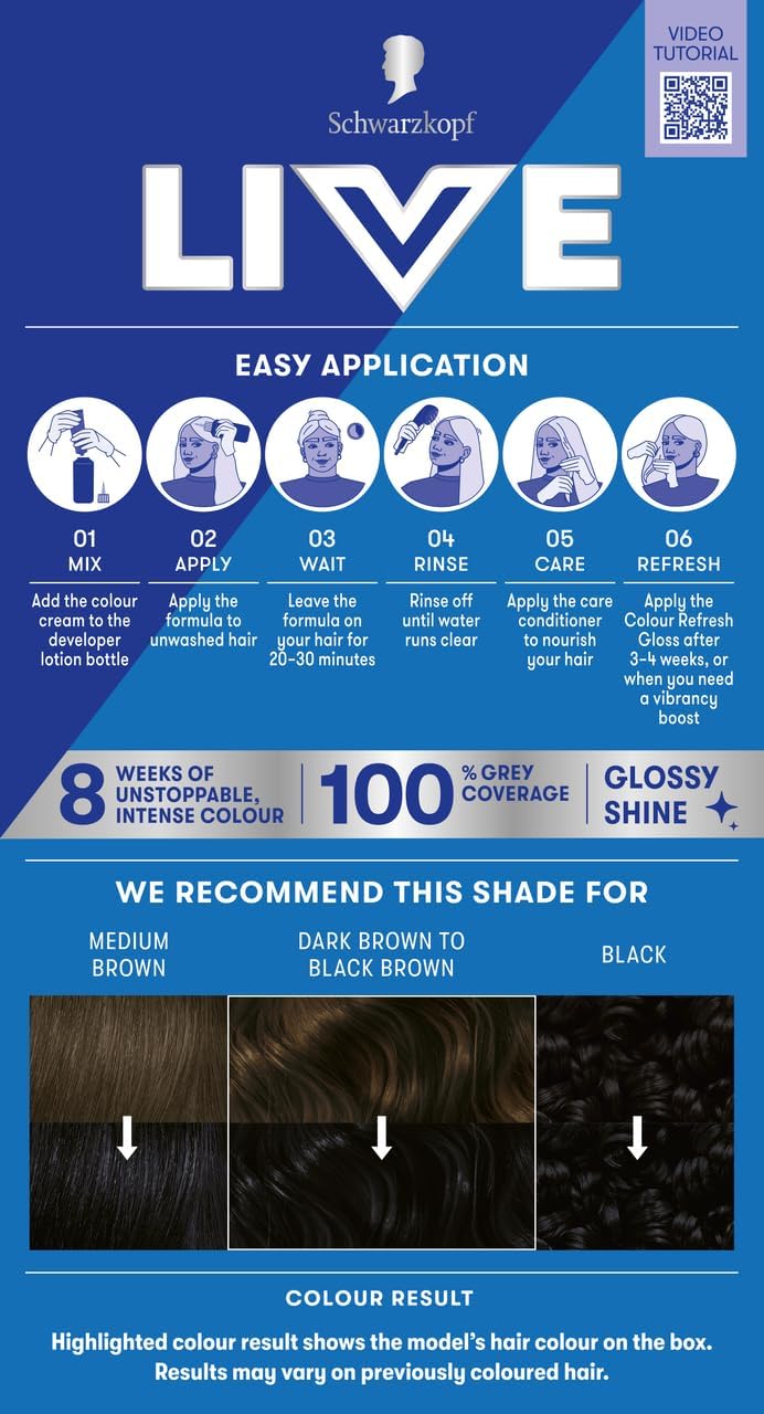Schwarzkopf LIVE six-step application guide showing mix, apply, wait, rinse, dry, and gloss steps