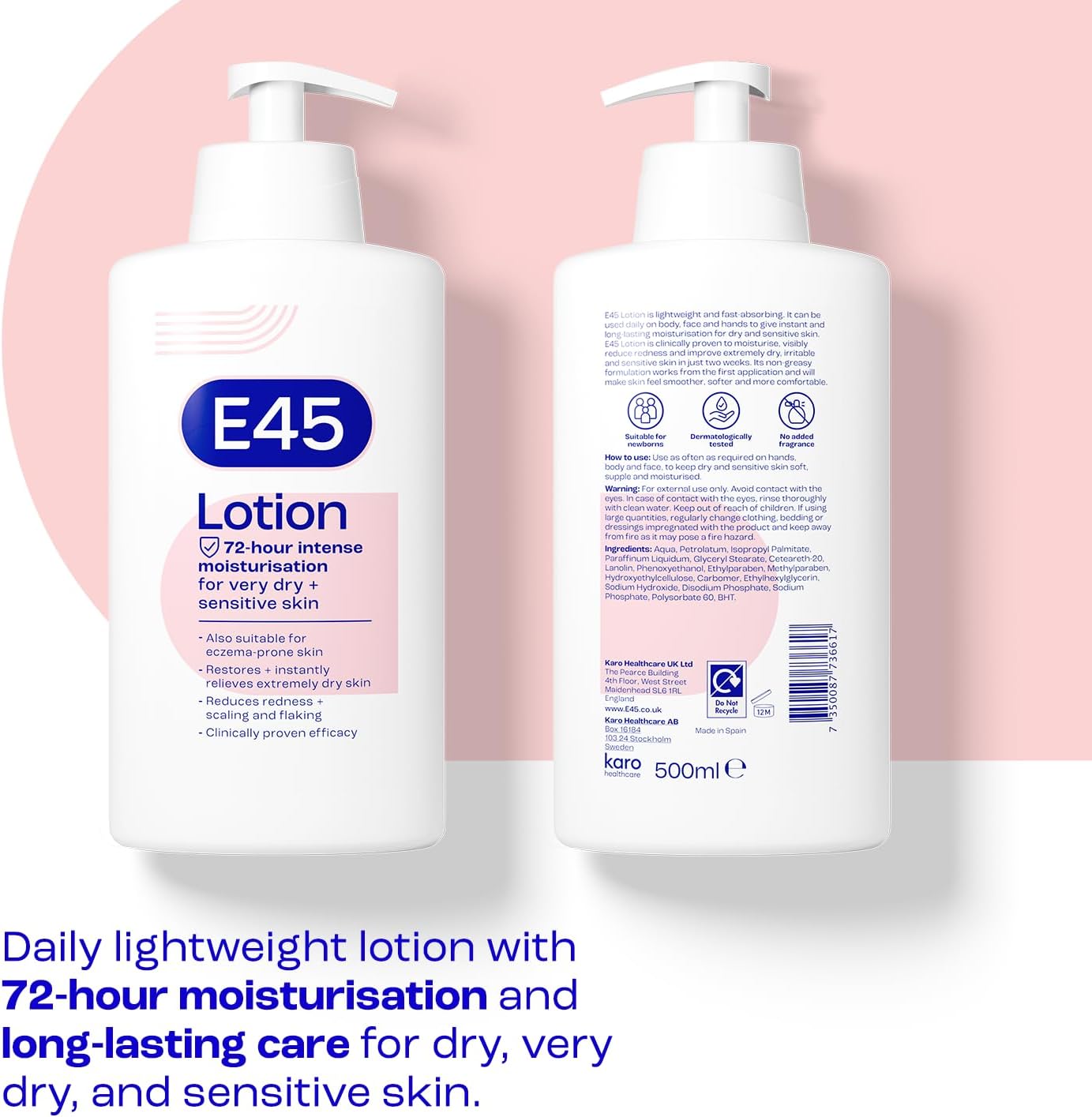E45 Moisturising Lotion 500ml front and back of bottle showing tagline and pump