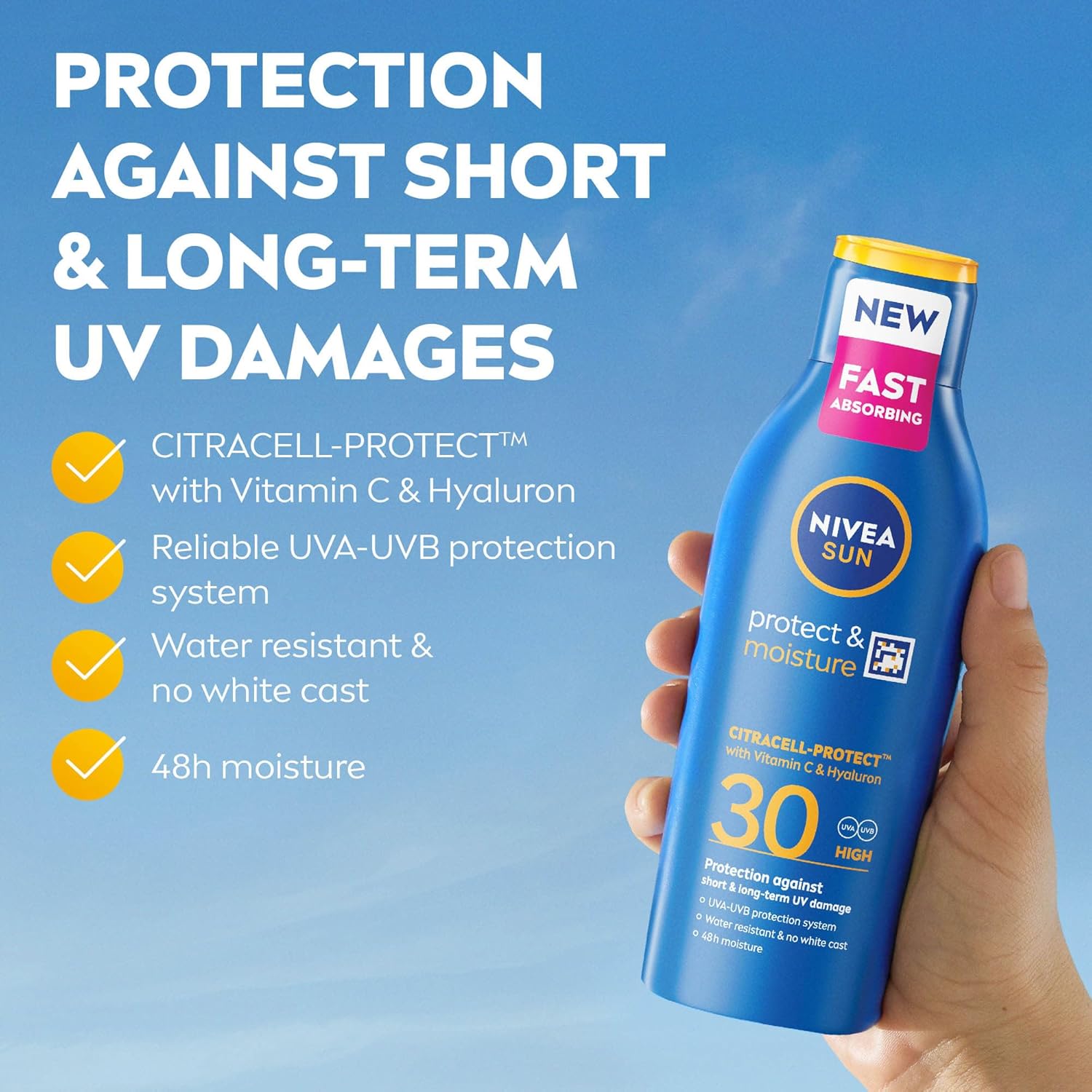 NIVEA SUN SPF 30 bottle held against a bright blue sky with key benefits listed
