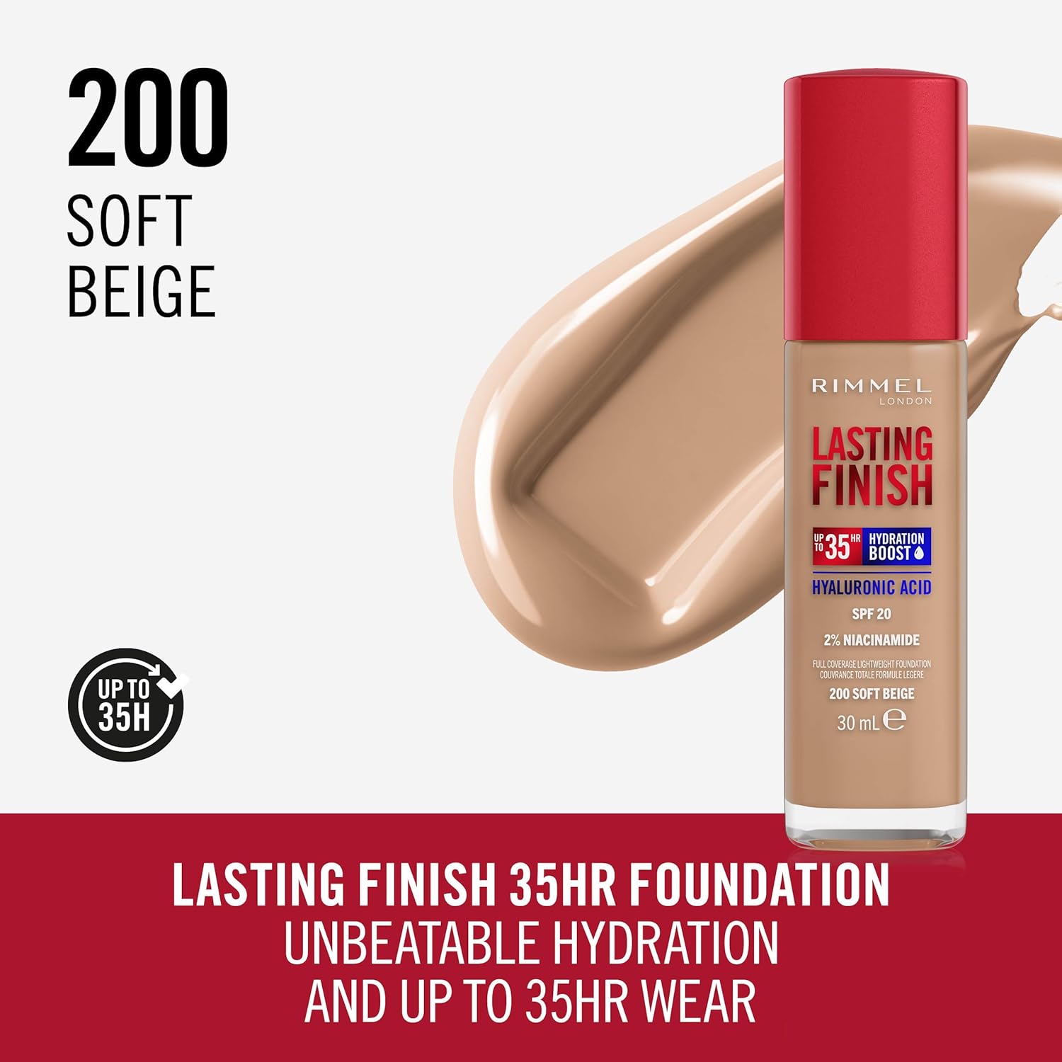 Rimmel Lasting Finish 35HR Foundation 200 Soft Beige with swatch and brand tagline