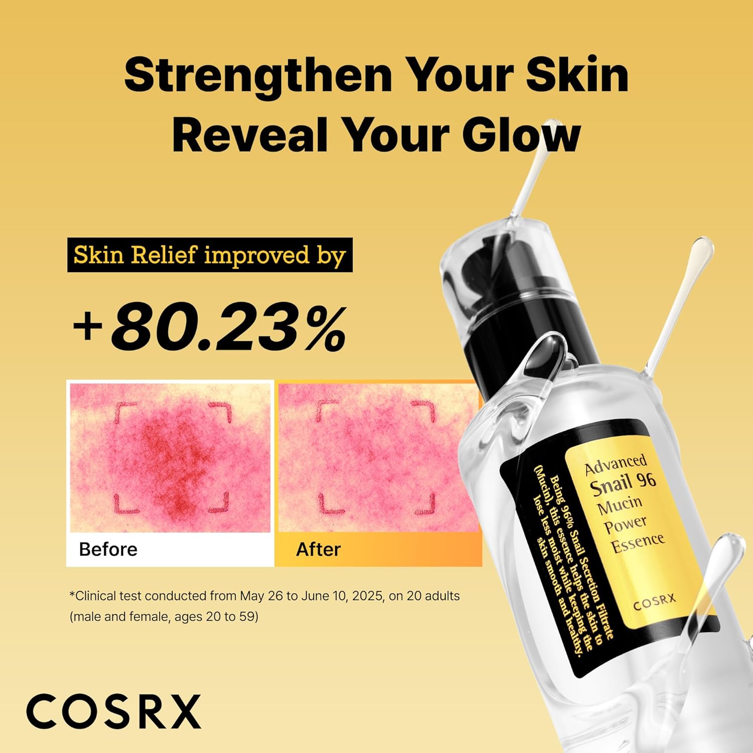 Clinical results graphic showing 80.23% skin relief improvement from COSRX Snail Mucin Essence