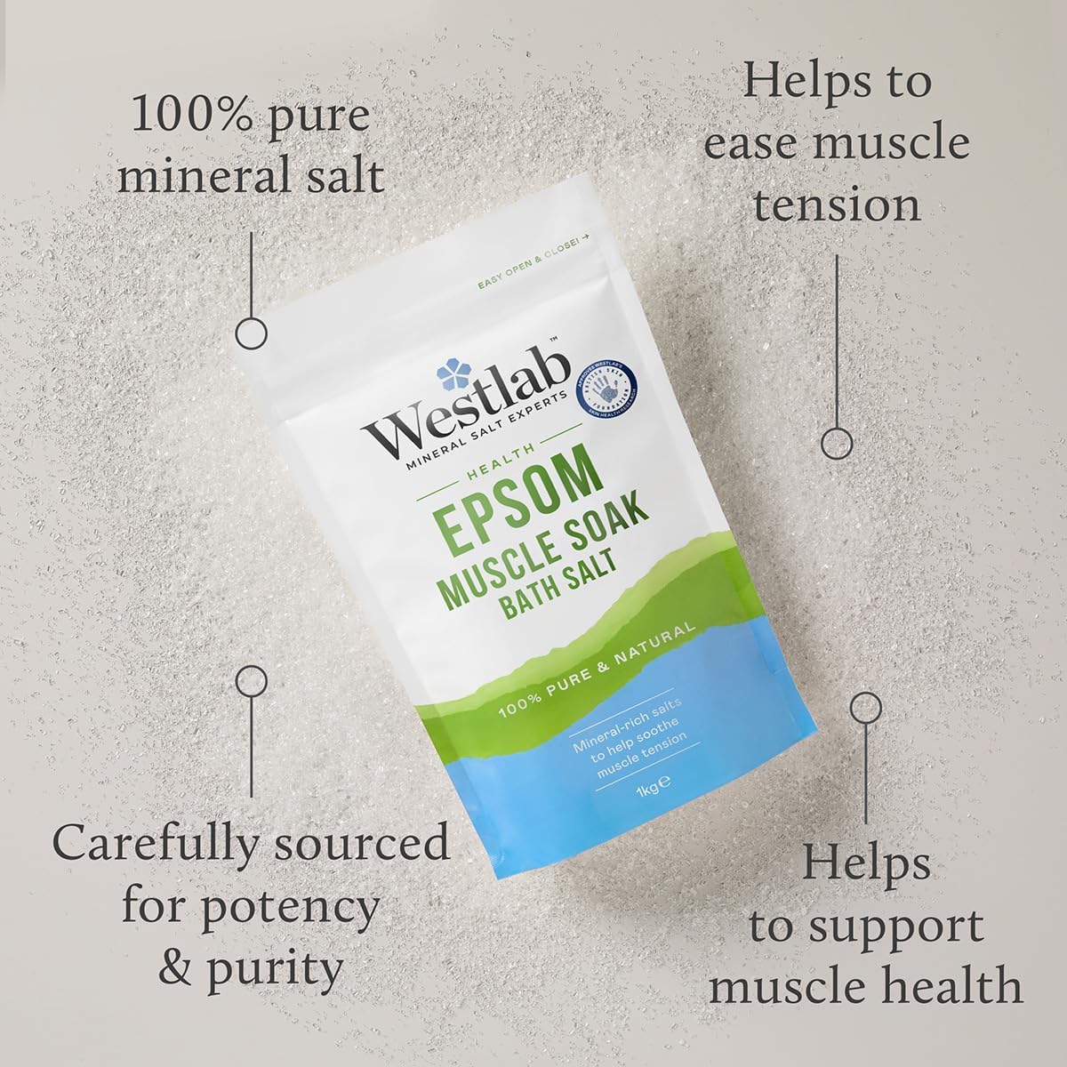 Detail shot showing the Westlab Epsom salt product with packaging
