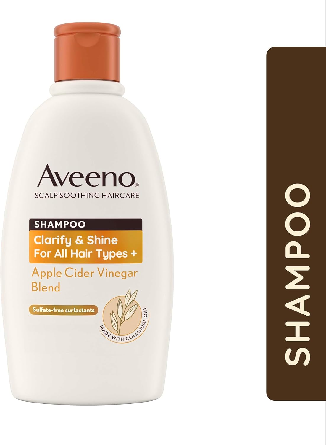 Close-up detail of Aveeno Apple Cider Vinegar shampoo bottle showing the new-look packaging