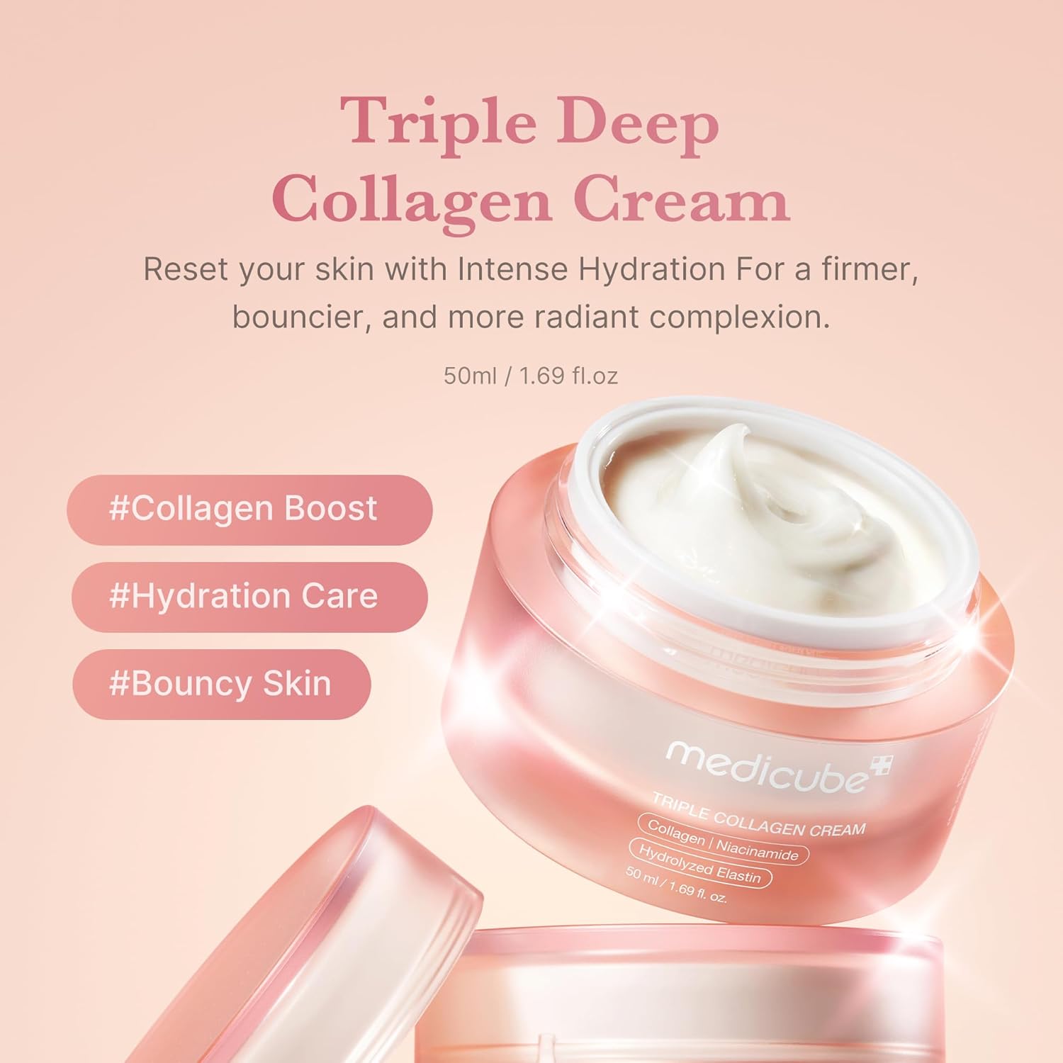Close-up detail shot of the Medicube Triple Collagen Cream packaging design