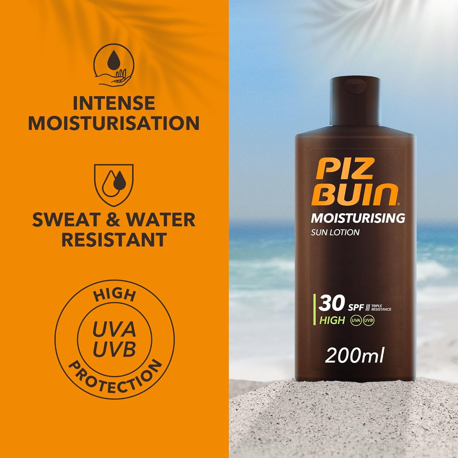 Detail close-up of the Piz Buin SPF 30 bottle label showing the brand and protection rating